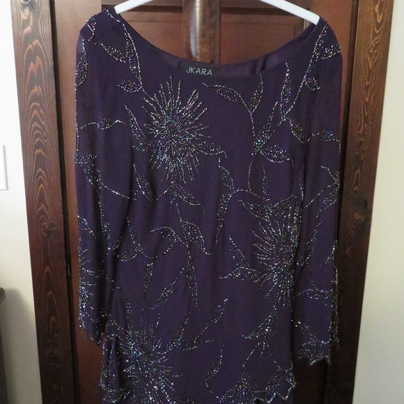 J Kara Three-Quarter Sleeve Beaded Dress Plum - Picture 2 of 6
